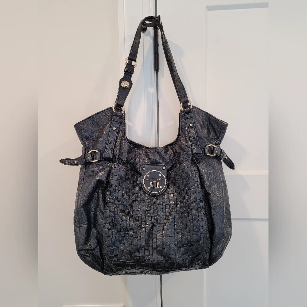 Elliott Lucca Shoulder Bag Black Leather Woven Front Large Satchel Pocke…